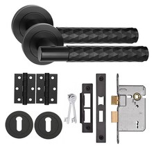 Knurled Door Handles Diamond T-Bar Matt Black 1 to 6 Sets Bath Key & Hinge