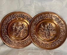 Vtg. Copper Embossed 11" dia. set of 2 Hanging Wall Plates made in Holland