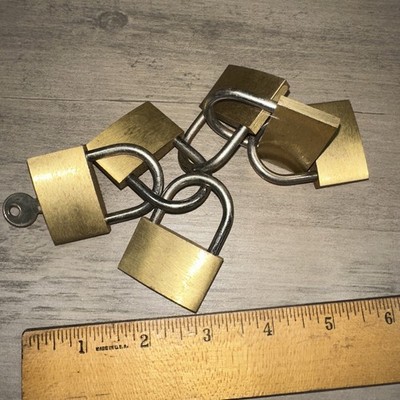 6 Vintage Brass And Steel Padlocks With 1 Key Used