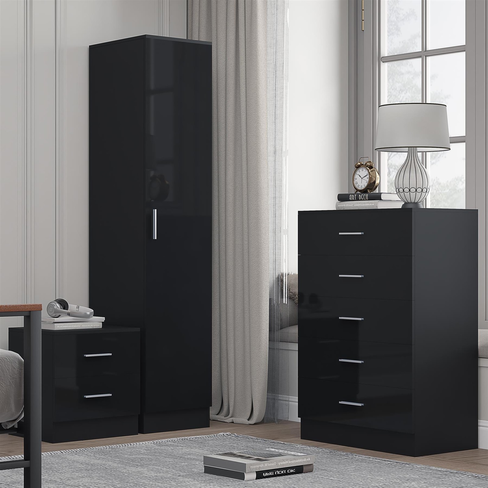 REFLECT Black High Gloss 3pc Set - 1 Door Robe + 5 Drawer Chest + Bedside - Image 3