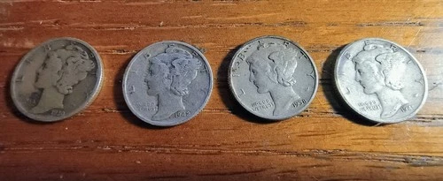 FOUR SILVER MERCURY DIMES -   1.59  SHIPPING.     Priced at melt value