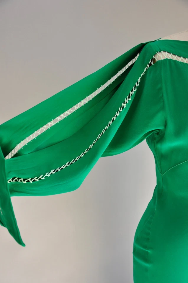 Vestido vintage de 1930 verde esmeralda corte sesgado con mangas abiertas vacaciones Navidad XS Foto 4 de 4
