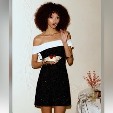 Cider SEQUIN OFF-SHOULDER SOLID BOWKNOT MINI DRESS S AR8-4