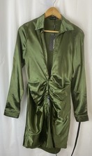 Olive Green Satin Ruched Shirt Dress Mini PLT Size 10 NWT Party Date Night