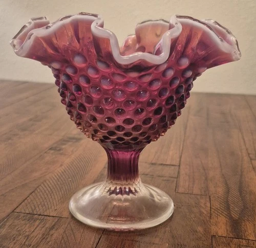 Fenton Art Glass Plum Opalescent Hobnail Ruffle Edge Pedestal Bowl Compote Dish