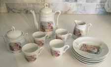 Antique German Child Tea Set Girl Teddy Bear Cups Saucers cream/sugar 12 pc set