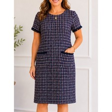 Talbots Tweed Shift Dress Size 8 Navy Red Fringe Pocket Career