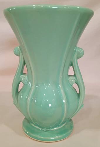 Vintage MCCOY  Pottery Double Handled Vase Teal 8 inches GREAT CONDITION