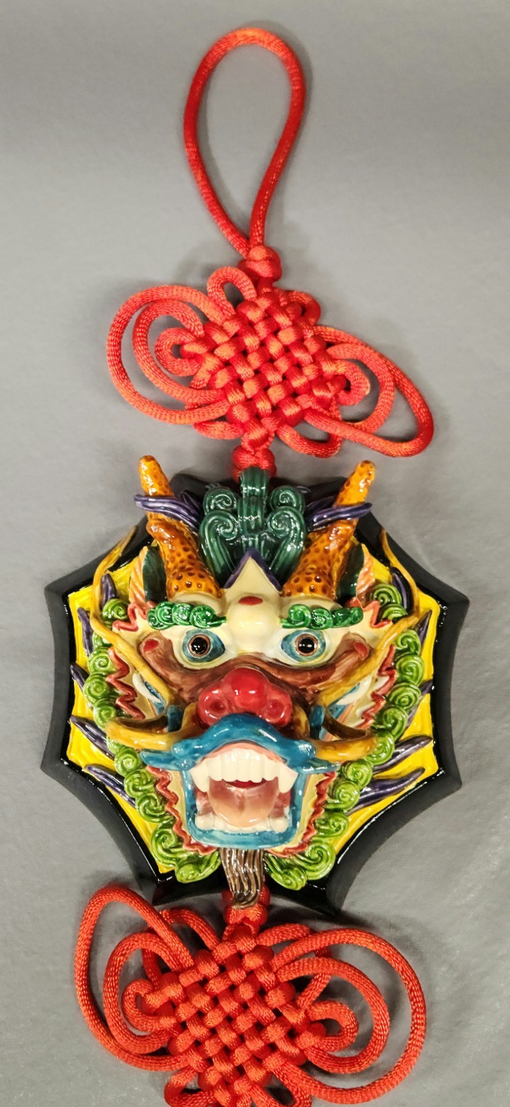*Rare* Vintage Chinese Imperial Dragon 3D Head Colorful Wall Hang, 26.5" L