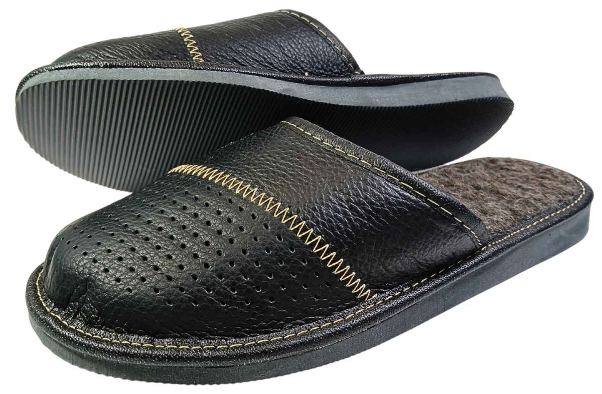 Herren Leder Hausschuhe Schwarz Pantoffeln Lammwolle Warme  Winter Gr.40-46 Neu