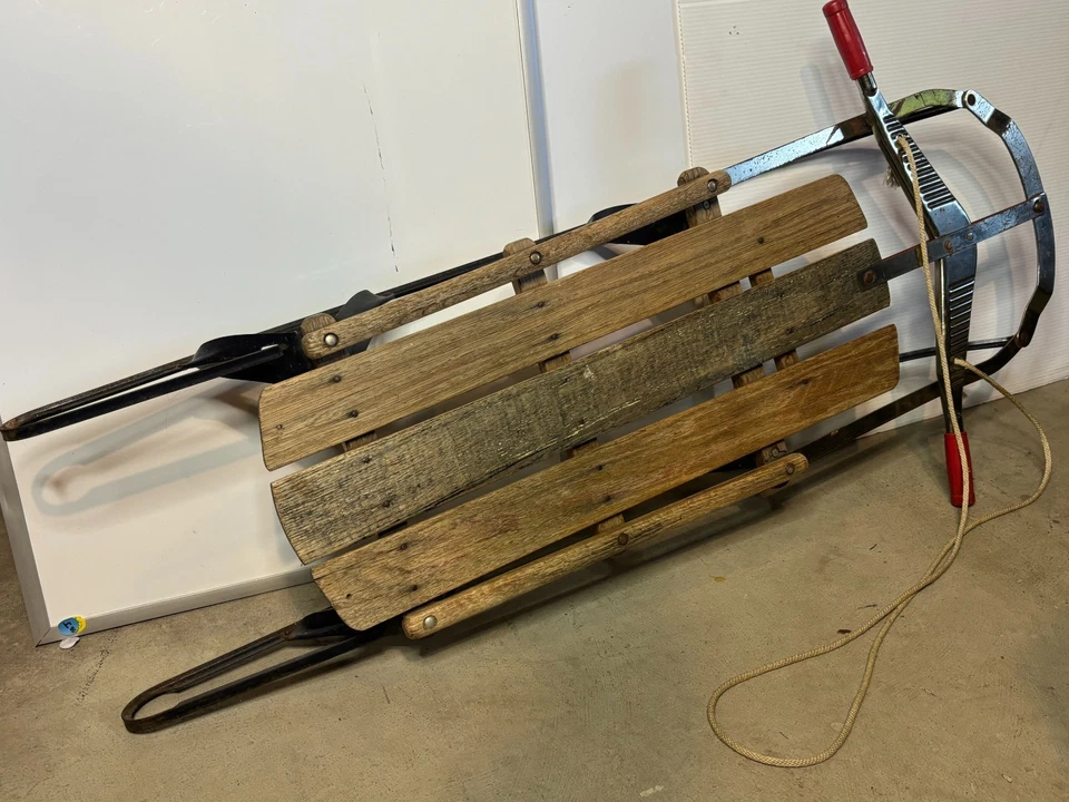 Vintage Antique Retro 1950s Mid Century Wooden Steel Snow Toboggan Sled 45" - Image 2 of 4