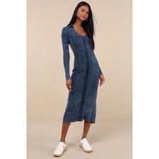 LULUS Effortlessly Pristine Navy Washed Ribbed Long Sleeve comfy Dress M #17