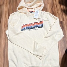 JACK  JONES Originals Cream Graphic Logo Hooded Pullover Hoodie Men's Size L