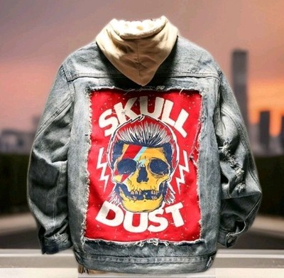 David Bowie Skull Dust Denim Jacket Mens Large Blue Vintage Rock Distressed Art