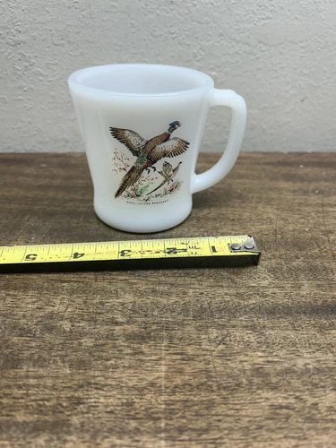 Vintage Fire King Oven Ware Milk Glass Mug Coffee Cup Ring Necked Pheasant Birds