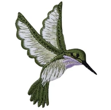 Hummingbird Applique Patch - Green White Lavender Bird Embroidered Badge 2-3/8"