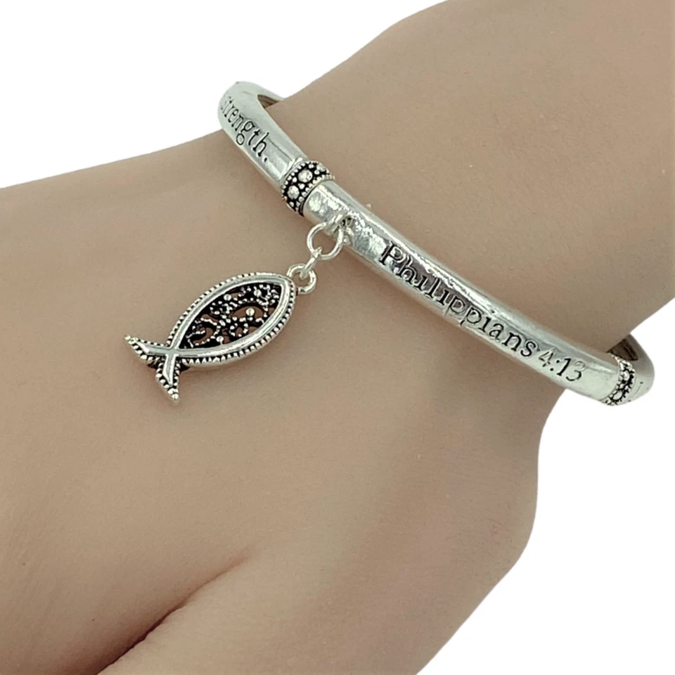 Brazalete elástico Phillipians 4:13 Christian Fish plata rodio Foto 3 de 4