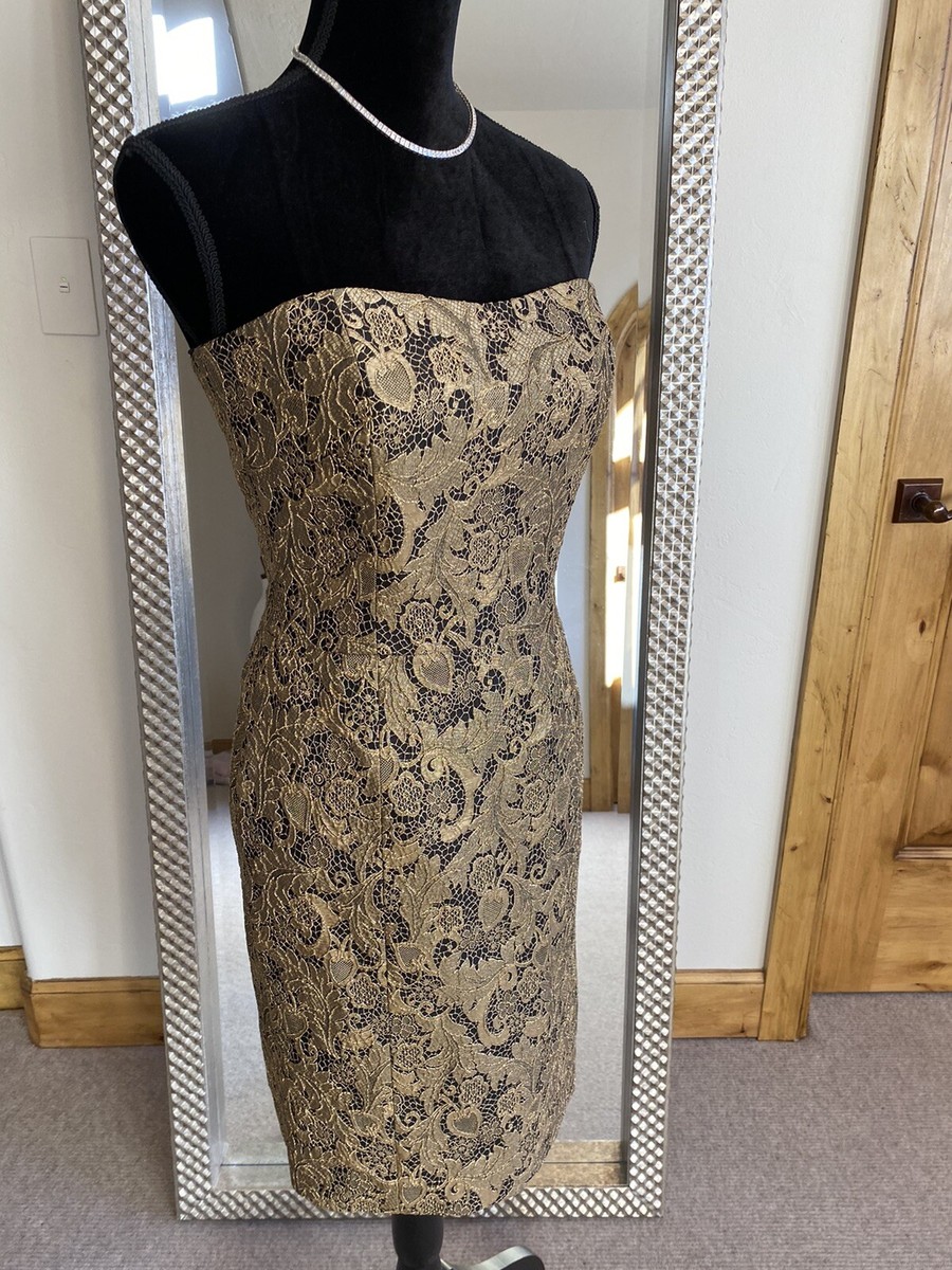 Nicole Miller New Gold Black Knee Length Strapless Lace Pencil Dress US  Size
