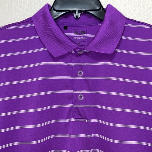 adidas Golf Mens Size Medium Striped Short Sleeve Climacool Polo Shirt Purple - Picture 3 of 7