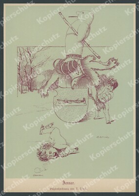 Original calendar sheet Franz von Stuck coat of arms winter children Romantic Art Nouveau 1888