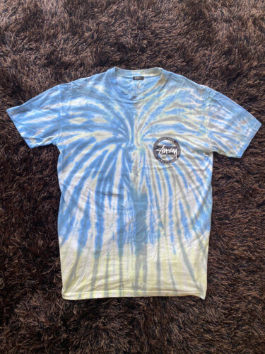 Stussy Mens T Shirt Tie Dye Size Small S Big fit Blue & Yellow Tie Dye Fade Logo - Picture 1 of 10