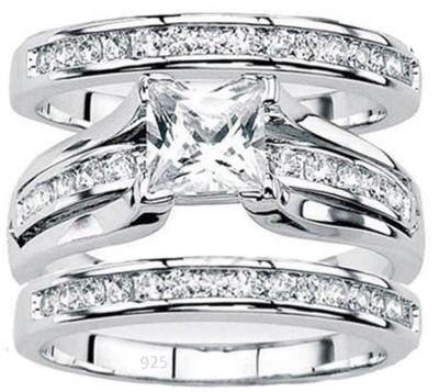 Womens Real 925 sterling silver Cubic Zirconia Wedding Ring 3pc Set Sz 4-11.5   