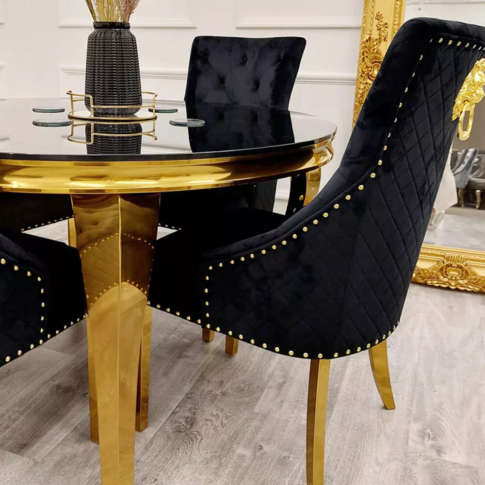 Louis Round Black Glass Dining Table With Polished Gold Base 1.3m
