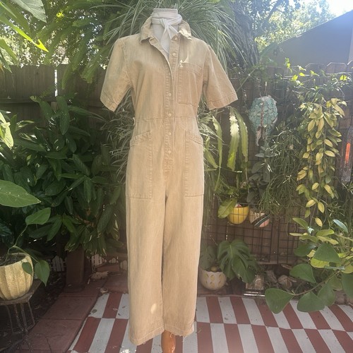Ilana Kohn Short Sleeve Coverall Beige Cotton Button Front Jumpsuit SZ XS