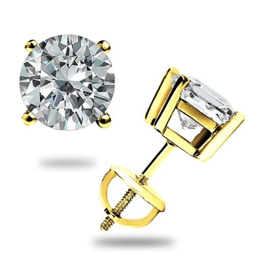 2.00 CT ROUND GRA MOISSANITE EARRINGS 14K YELLOW GOLD STUDS SCREW-BACK GIFT NEW - Picture 1 of 14