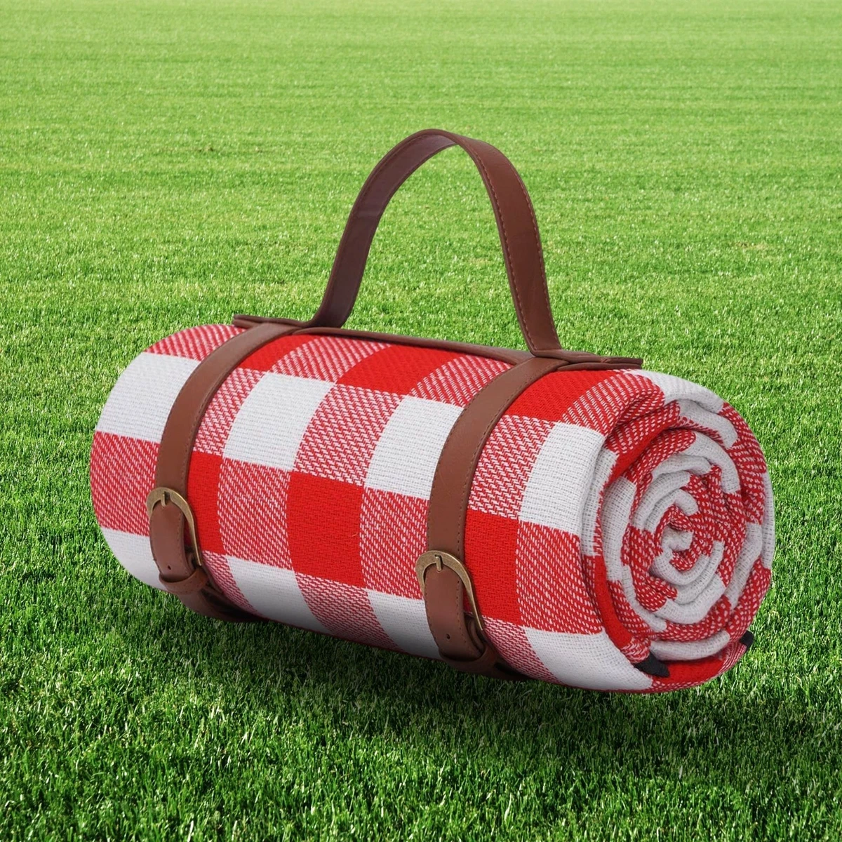 Red and white plaid picnic blanket top