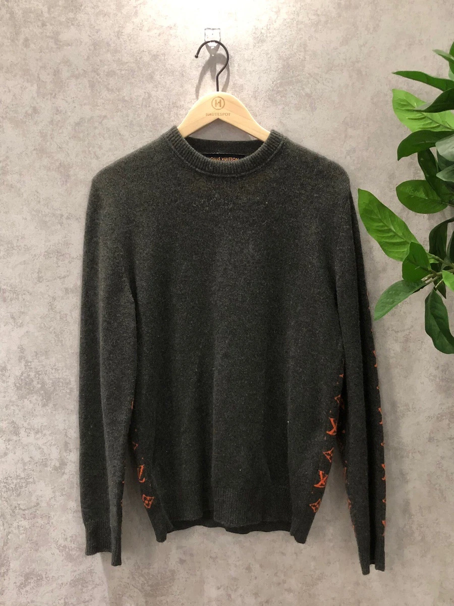 Louis Vuitton Men's Gray Sweater Neon Orange Monogram Size M 100%  Cashmere