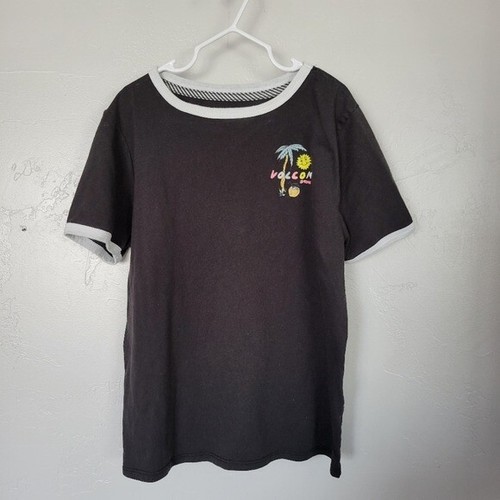 Volcom Girls Large 10/12 Black Short Sleeve Ringer Tee T-shirt Palm Tree Sun Top