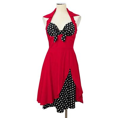 RETRO Red With Black White Rockabilly Polka Dot Halter Style Dress M