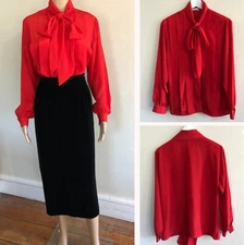 vtg Laura Mae Red Pussy Bow Blouse Sz 12 Pleated Front Balloon Sleeves