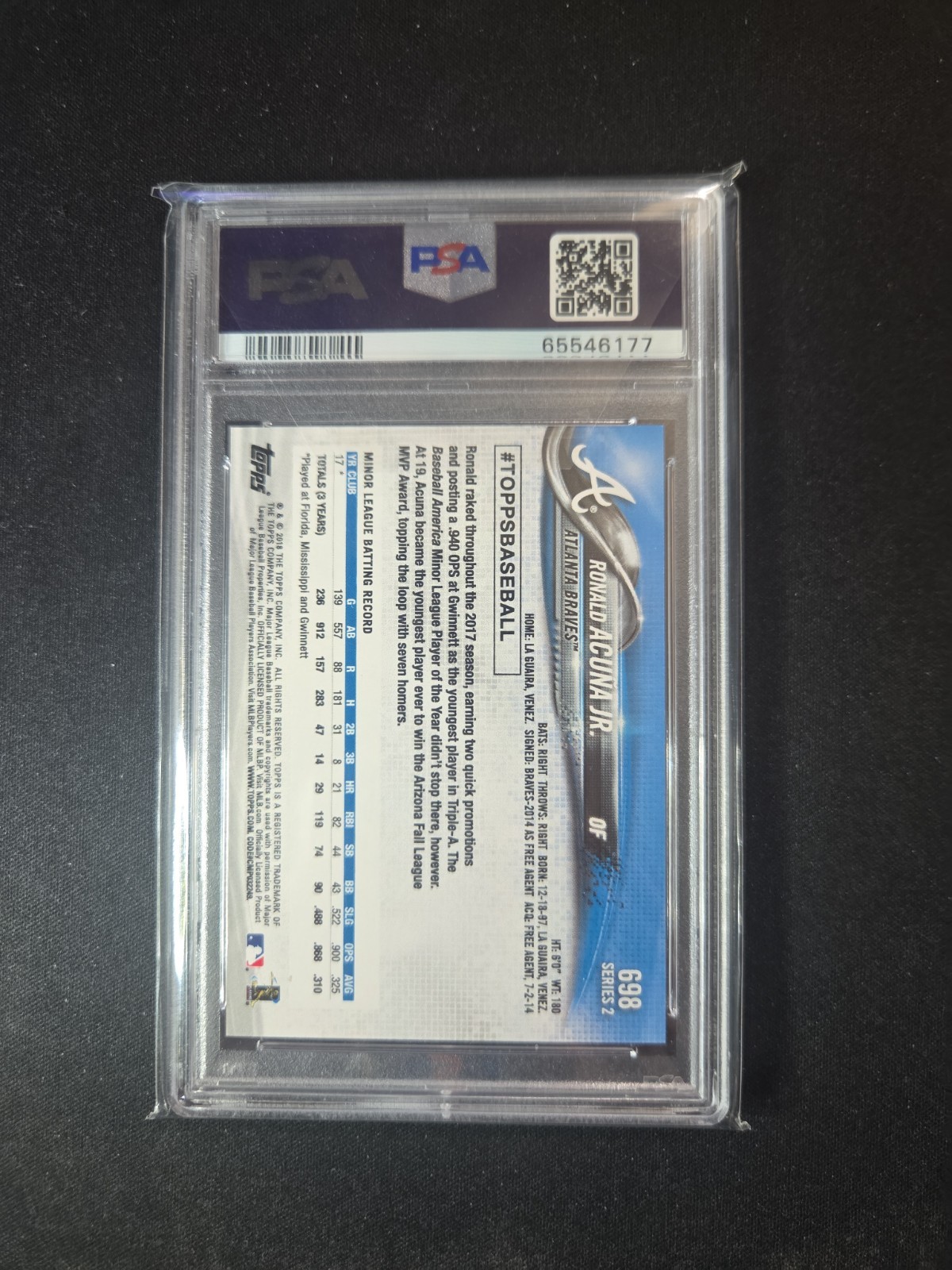 2018 Topps Ronald Acuna Jr. RC Rookie SP Bat Down VAR #698b Braves PSA 9 view 2