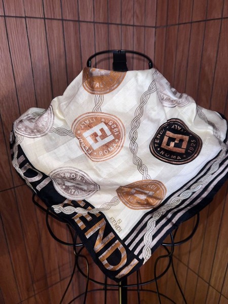 Fendi Vintage Roma 1925 Scarf FF Logo Beige Brown Cotton
