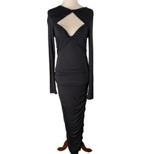 Good American Black Ruched Maxi Dress with Front Cutout Size S