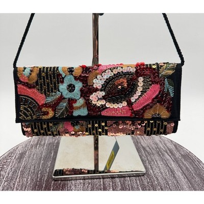 Kate Landry Handbag Sequin Beaded Floral Embroidered Crossbody Clutch Evening