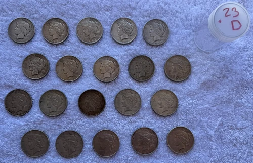1923 D 1923D 20 Total Coins 90% Silver Bullion Peace Dollars $1 Roll Tube Lot