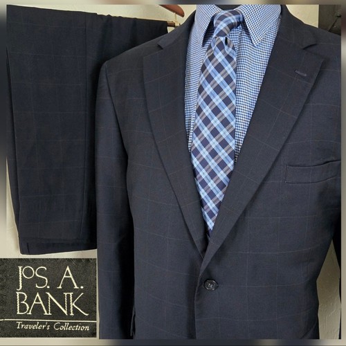 Jos A Bank 2 Pc Suit 46S~ 38x26 Navy Blue Windowpane Traveler 100% Wool Check - Picture 1 of 22