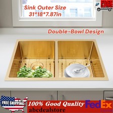 Golden Kitchen Sink 31" Double Bowl Kitchen Sink Stainless Steel Undermount