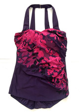 Lands End Womens Size 10 Purple Floral One Piece Swimsuit Slimming Ruched Sides