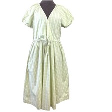 New Madewell Cotton Green Plaid Dress Puff Sleeve Tie Waist Pockets Cottage Sz M