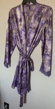 DELICATES Sz L Short Silky Satin Purple Floral Robe Tie Belt Closure Lace Trim