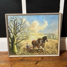 Large Original Oil Painting-Horses Ploughing-Rural Landscape-FREE UK POSTAGE