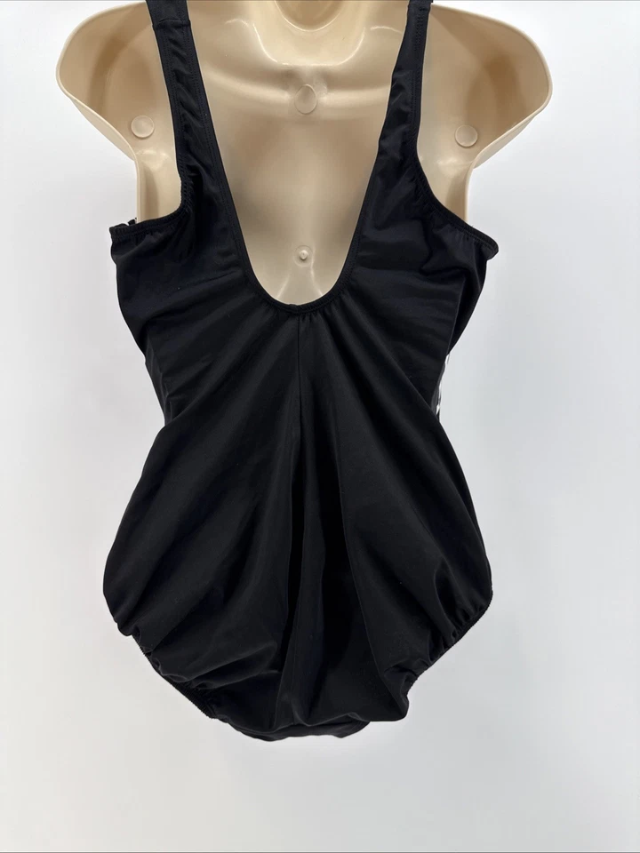 Longitude Black White Animal Print Faux Wrap Slimming One Piece Swim Suit Sz 12 - Image 3 of 4