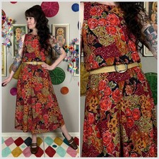 Vintage 1980s Sleeveless Floral and Patchwork Print Belted Midi Dress | S/M