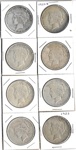 EIGHT (8) 1922 SILVER 'PEACE' DOLLARS - LOOK BU YOU GRADE  -NOT JUNK 90% SILVER