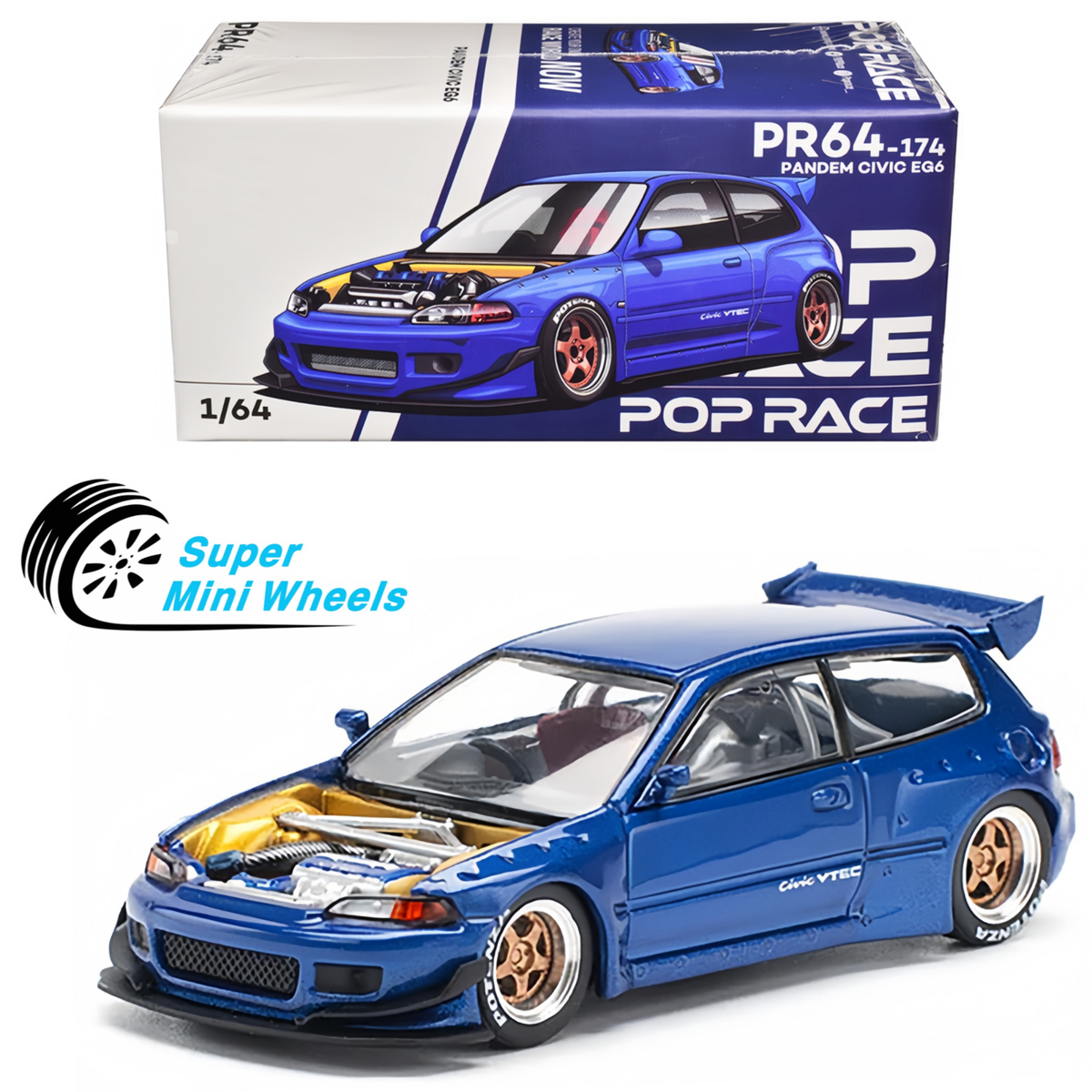 Pop Race 1:64 Pandem Civic EG6 VTEC RHD Blue Metallic with No Hood