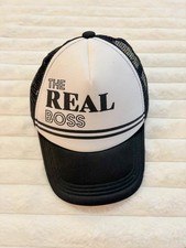 Kids The Real Boss Black White Trucker Hat Snapback Mesh Graphic Cap